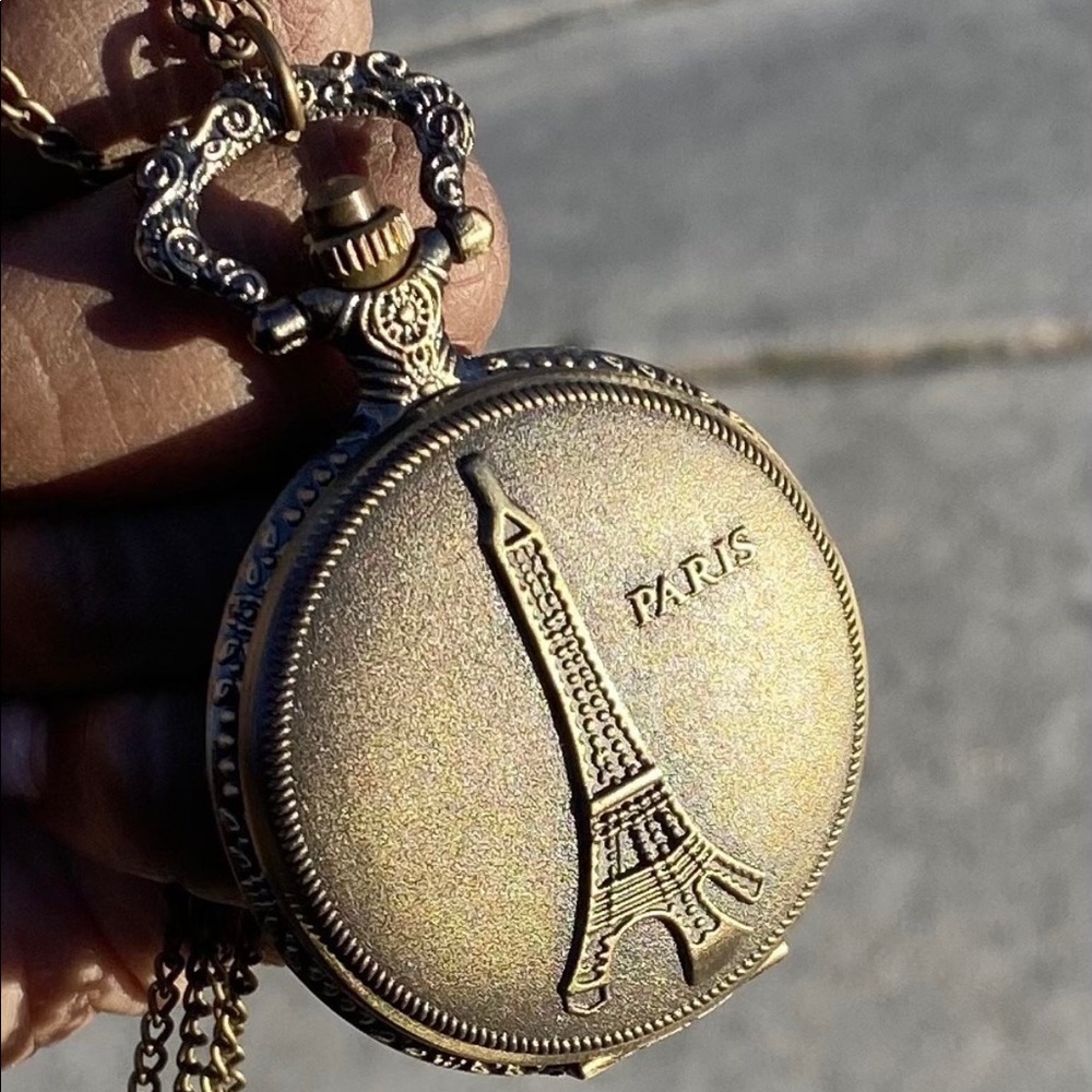Antique Brass Eiffel Tower Clock Necklace Locket - Picture 5 of 12